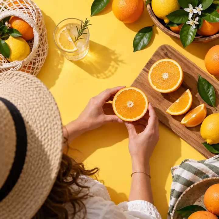 Bright overhead social post of a sliced orange and fresh citrus on a warm yellow background.