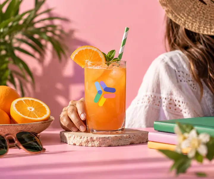 Colorful product photograph of an orange summer drink on a pastel pink studio backdrop.