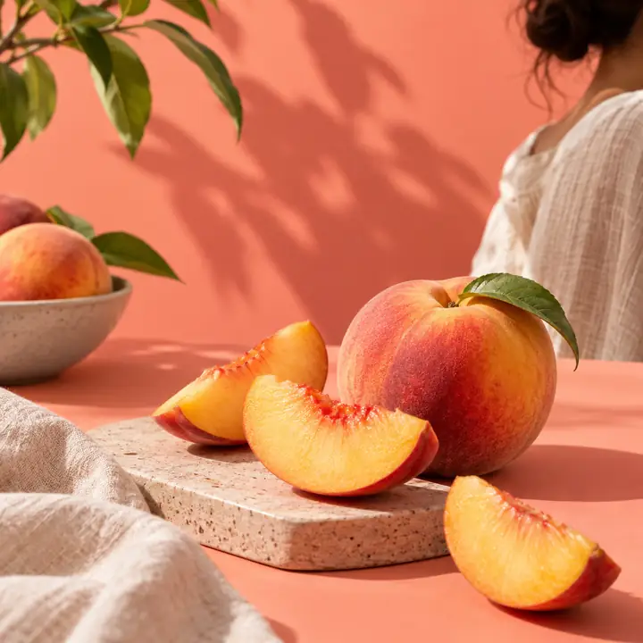 Minimal editorial social post showing fresh peach slices against a soft coral background.
